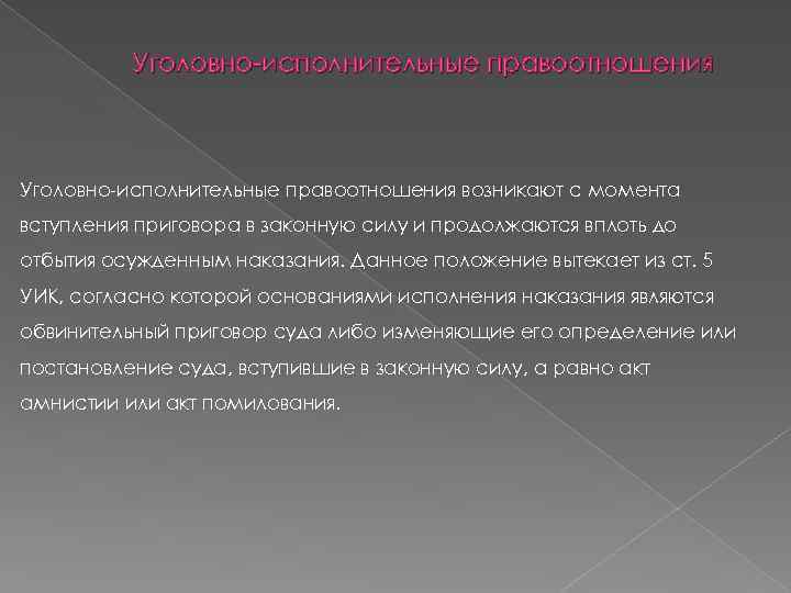    Уголовно-исполнительные правоотношения возникают с момента вступления приговора в законную силу и