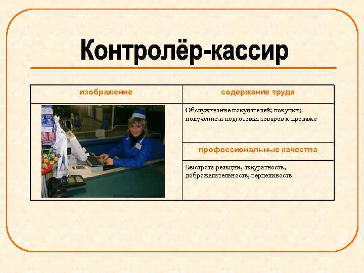 изображение содержание труда Обслуживание покупателей; покупки; получение и подготовка товаров к продаже профессиональные качества