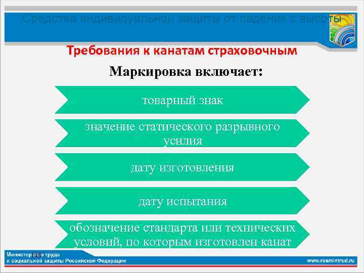 Средства индивидуальной защиты от падения с высоты Требования к канатам страховочным Маркировка включает: товарный