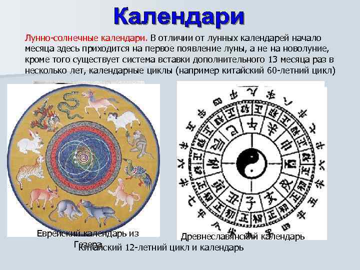 Лунно-солнечные календари. В отличии от лунных календарей начало месяца здесь приходится на первое появление