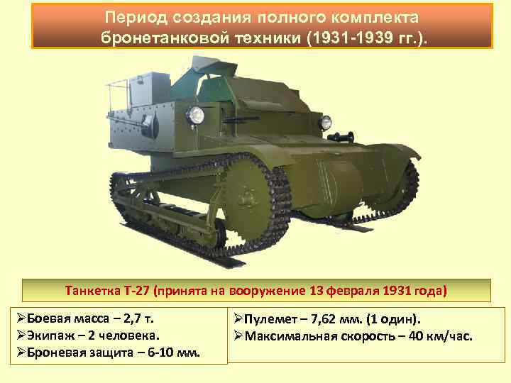 Период создания полного комплекта бронетанковой техники (1931 -1939 гг. ). Танкетка Т-27 (принята на