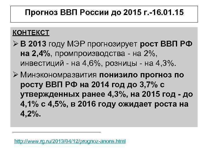 Прогноз ВВП России до 2015 г. -16. 01. 15 КОНТЕКСТ Ø В 2013 году