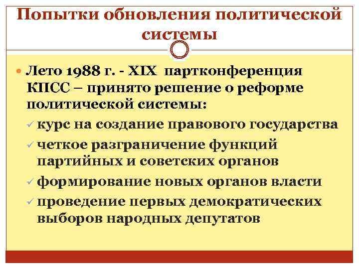 Попытки обновления политической системы Лето 1988 г. - XIX партконференция КПСС – принято решение