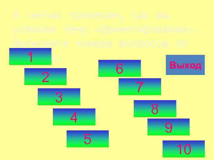 А сейчас проверим, как вы усвоили тему «Ориентирование» . Выбирайте номера вопросов по порядку.