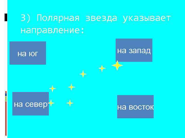 3) Полярная звезда указывает направление: на юг на север на запад на восток 