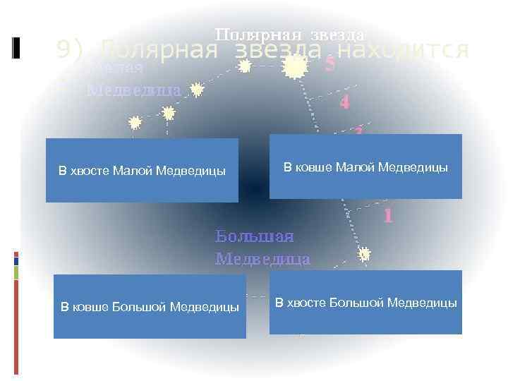 9) Полярная звезда находится : В хвосте Малой Медведицы В ковше Большой Медведицы В