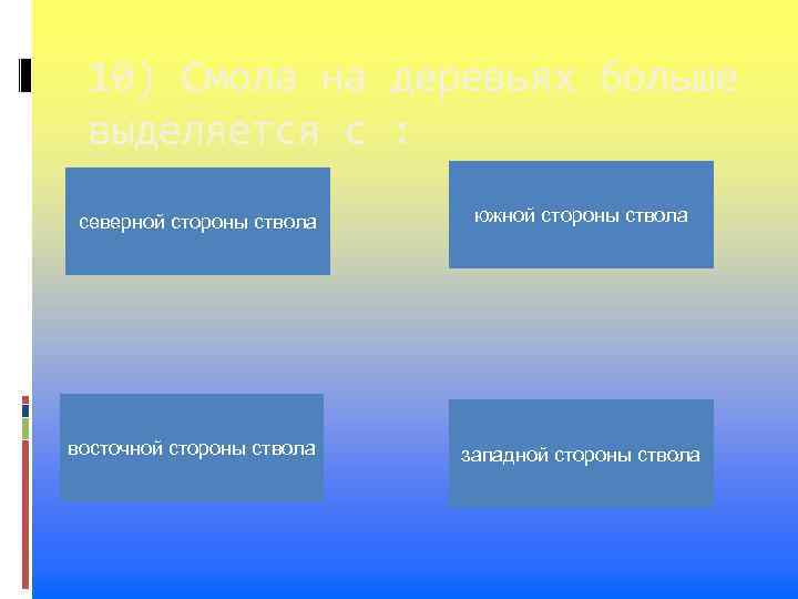 10) Смола на деревьях больше выделяется с : северной стороны ствола восточной стороны ствола
