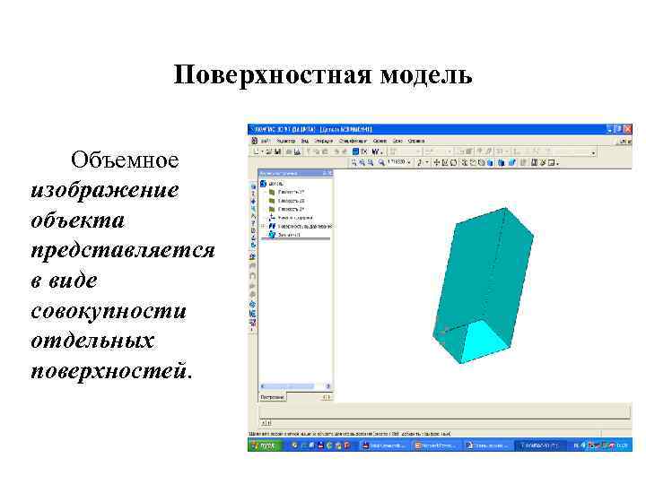 Поверхностная модель Объемное изображение объекта представляется в виде совокупности отдельных поверхностей. 