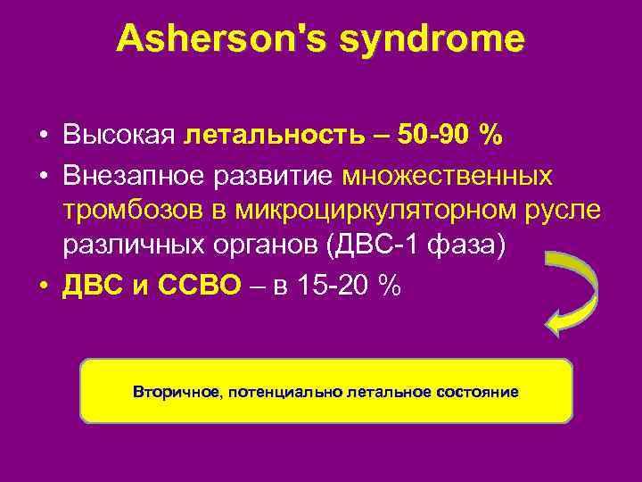 Asherson's syndrome • Высокая летальность – 50 -90 % • Внезапное развитие множественных тромбозов