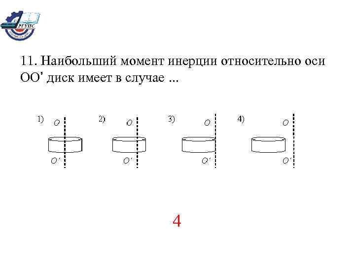 11. Наибольший момент инерции относительно оси ОО’ диск имеет в случае. . . 4