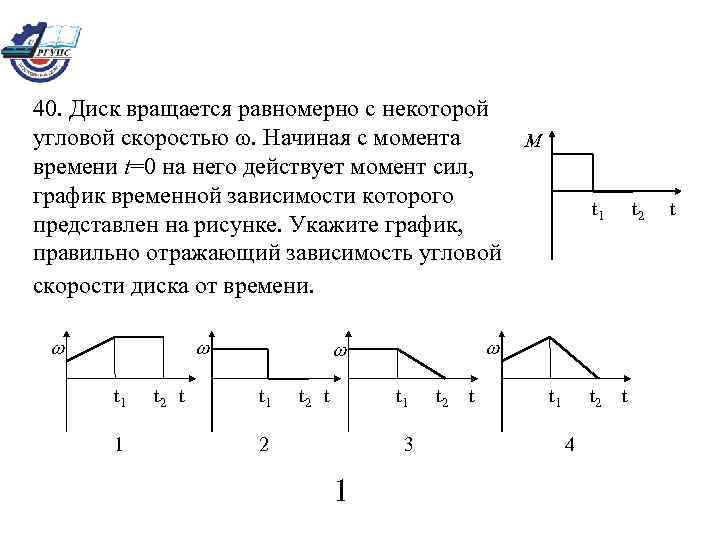 40. Диск вращается равномерно с некоторой угловой скоростью . Начиная с момента M времени