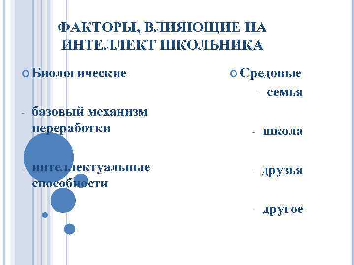 ФАКТОРЫ, ВЛИЯЮЩИЕ НА ИНТЕЛЛЕКТ ШКОЛЬНИКА Биологические Средовые - - - базовый механизм переработки интеллектуальные