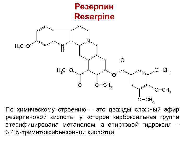 Резерпин Reserpinе По химическому строению – это дважды сложный эфир резерпиновой кислоты, у которой