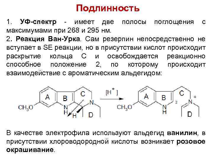 Подлинность 1. УФ-спектр - имеет две полосы поглощения с максимумами при 268 и 295