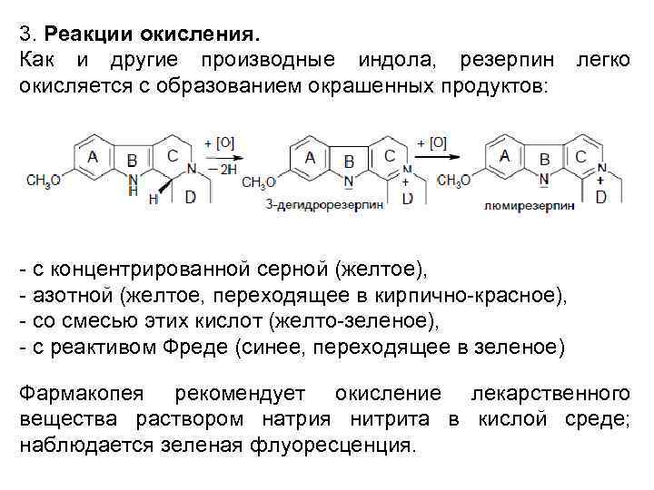 3. Реакции окисления. Как и другие производные индола, резерпин окисляется с образованием окрашенных продуктов: