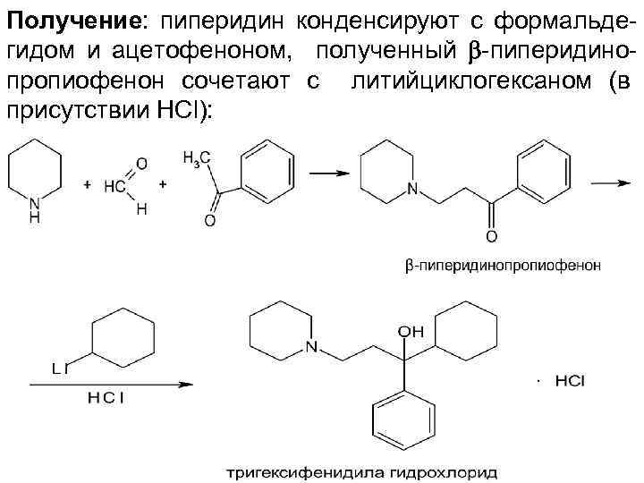 Получение: пиперидин конденсируют с формальдегидом и ацетофеноном, полученный -пиперидинопропиофенон сочетают с литийциклогексаном (в присутствии