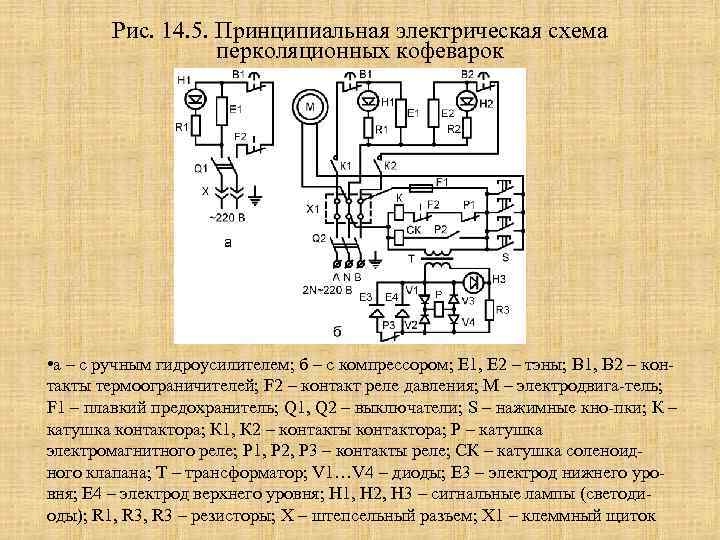 Рис. 14. 5. Принципиальная электрическая схема перколяционных кофеварок • а – с ручным гидроусилителем;