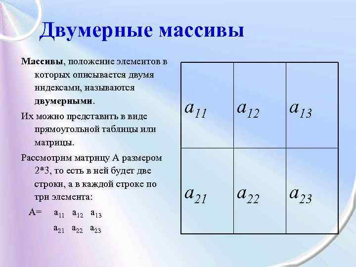 Двумерные массивы Массивы, положение элементов в которых описывается двумя индексами, называются двумерными. Их можно