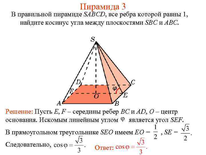 Пирамида 3 В правильной пирамиде SABCD, все ребра которой равны 1, найдите косинус угла