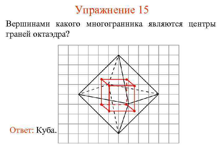 Упражнение 15 Вершинами какого многогранника являются центры граней октаэдра? Ответ: Куба. 