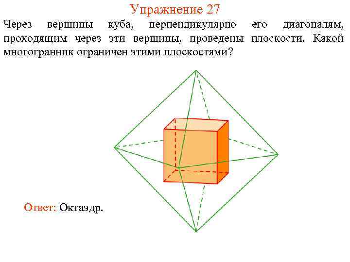 Упражнение 27 Через вершины куба, перпендикулярно его диагоналям, проходящим через эти вершины, проведены плоскости.