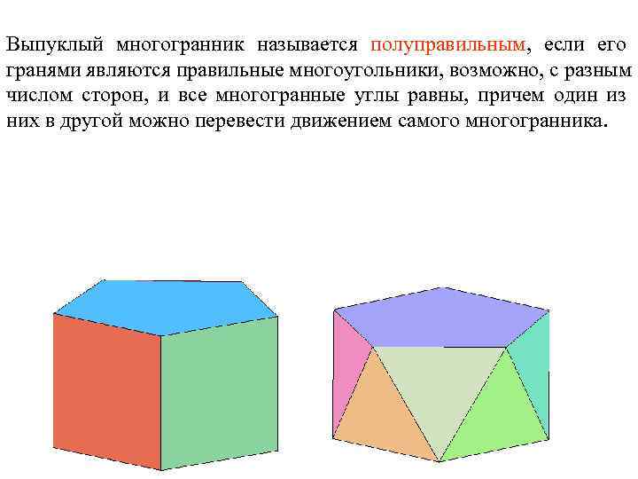 Выпуклый многогранник называется полуправильным, если его гранями являются правильные многоугольники, возможно, с разным числом