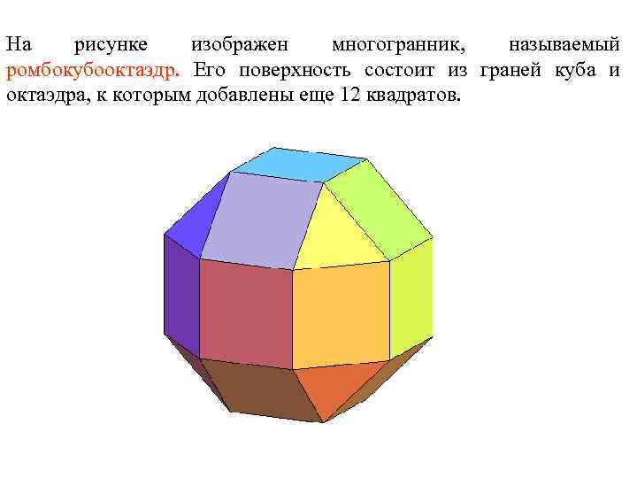 На рисунке изображен многогранник, называемый ромбокубооктаэдр. Его поверхность состоит из граней куба и октаэдра,