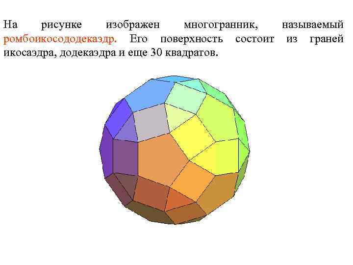 На рисунке изображен многогранник, называемый ромбоикосододекаэдр. Его поверхность состоит из граней икосаэдра, додекаэдра и