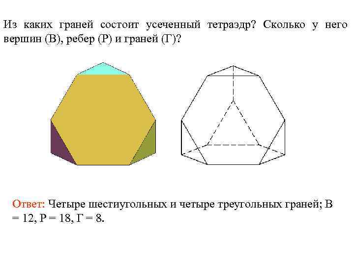 Из каких граней состоит усеченный тетраэдр? Сколько у него вершин (В), ребер (Р) и