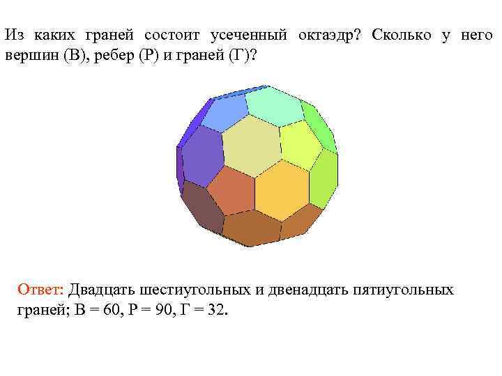 Из каких граней состоит усеченный октаэдр? Сколько у него вершин (В), ребер (Р) и