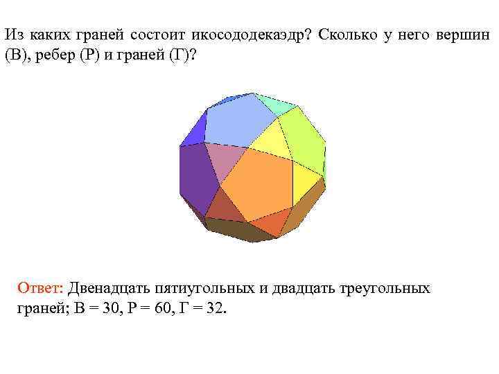 Из каких граней состоит икосододекаэдр? Сколько у него вершин (В), ребер (Р) и граней