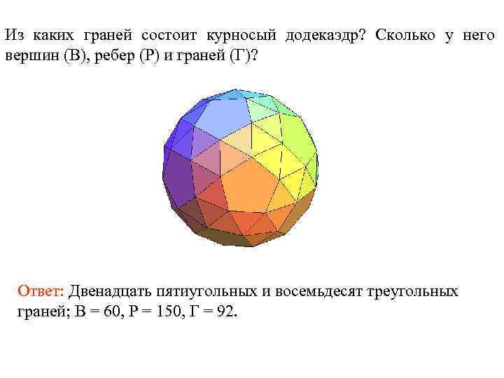 Из каких граней состоит курносый додекаэдр? Сколько у него вершин (В), ребер (Р) и