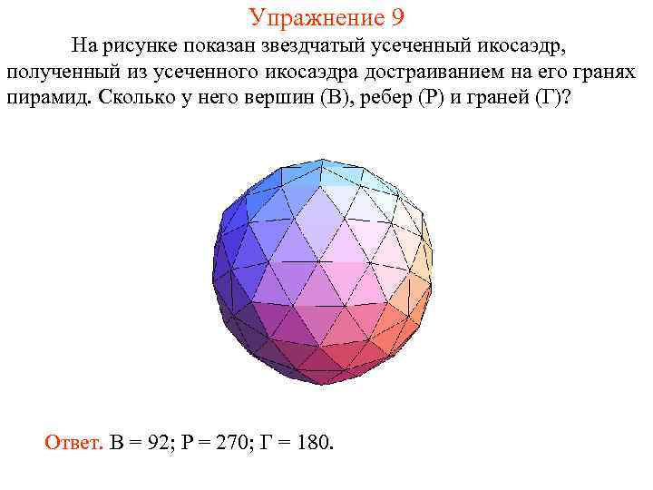 Упражнение 9 На рисунке показан звездчатый усеченный икосаэдр, полученный из усеченного икосаэдра достраиванием на