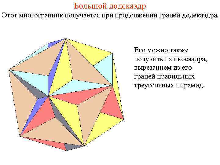 Большой додекаэдр Этот многогранник получается при продолжении граней додекаэдра. Его можно также получить из