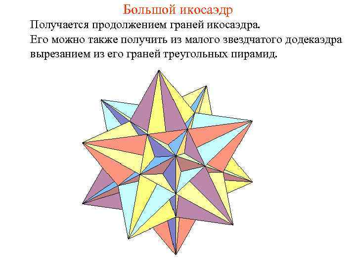 Большой икосаэдр Получается продолжением граней икосаэдра. Его можно также получить из малого звездчатого додекаэдра