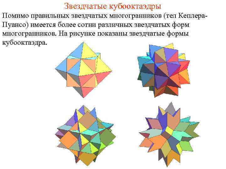 Звездчатые кубооктаэдры Помимо правильных звездчатых многогранников (тел Кеплера. Пуансо) имеется более сотни различных звездчатых