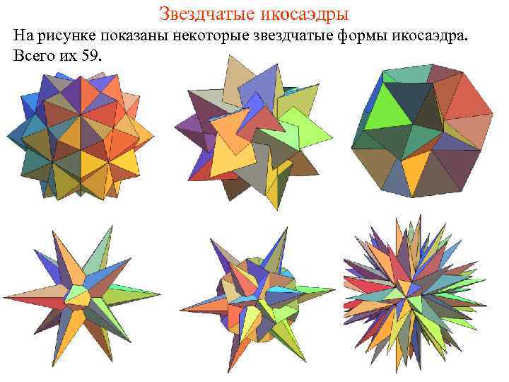 Звездчатые икосаэдры На рисунке показаны некоторые звездчатые формы икосаэдра. Всего их 59. 