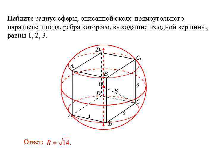 Найдите радиус сферы, описанной около прямоугольного параллелепипеда, ребра которого, выходящие из одной вершины, равны