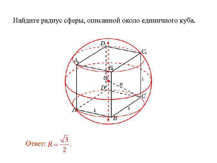 Найдите радиус сферы, описанной около единичного куба. Ответ: 