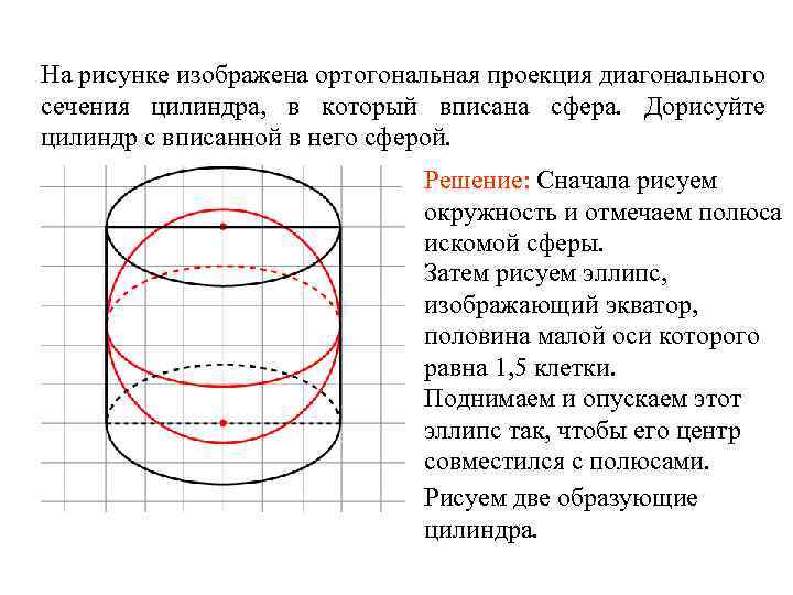 На рисунке изображена ортогональная проекция диагонального сечения цилиндра, в который вписана сфера. Дорисуйте цилиндр