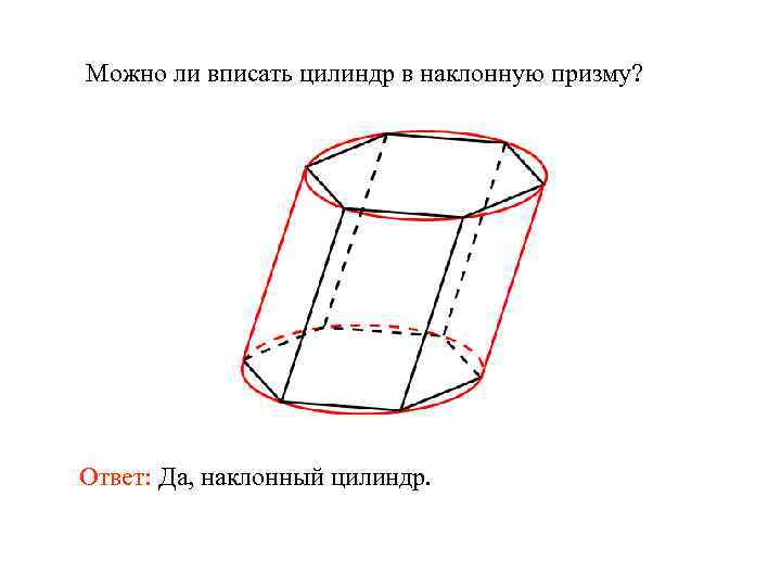 Можно ли вписать цилиндр в наклонную призму? Ответ: Да, наклонный цилиндр. 