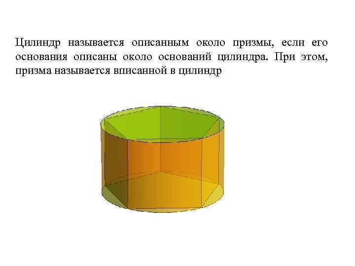 Цилиндр называется описанным около призмы, если его основания описаны около оснований цилиндра. При этом,