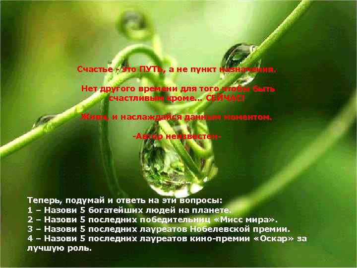 Счастье - это ПУТЬ, а не пункт назначения. Нет другого времени для того чтобы