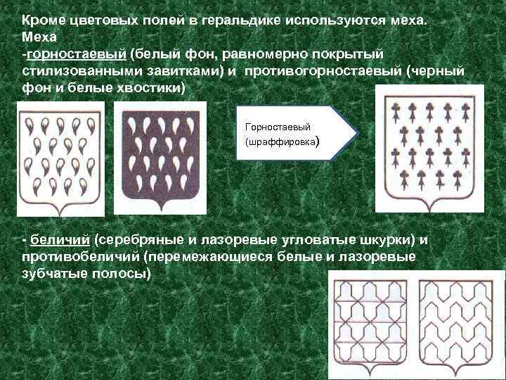 Кроме цветовых полей в геральдике используются меха. Меха -горностаевый (белый фон, равномерно покрытый стилизованными