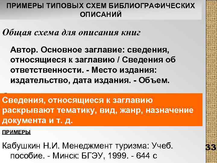 ПРИМЕРЫ ТИПОВЫХ СХЕМ БИБЛИОГРАФИЧЕСКИХ ОПИСАНИЙ Общая схема для описания книг Автор. Основное заглавие: сведения,
