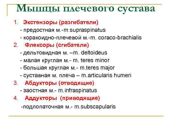 Мышцы плечевого сустава 1. Экстензоры (разгибатели) - предостная м. -m supraspinatus - коракоидно-плечевой м.