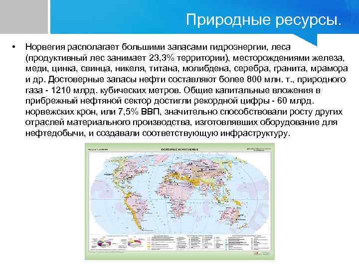 Природные ресурсы. • Норвегия располагает большими запасами гидроэнергии, леса (продуктивный лес занимает 23, 3%