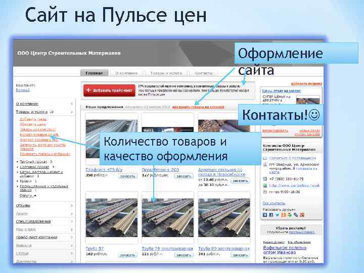 Сайт на Пульсе цен Оформление сайта Контакты! Количество товаров и качество оформления 