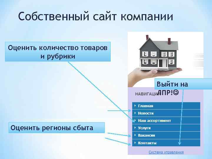 Собственный сайт компании Оценить количество товаров и рубрики Выйти на ЛПР! Оценить регионы сбыта