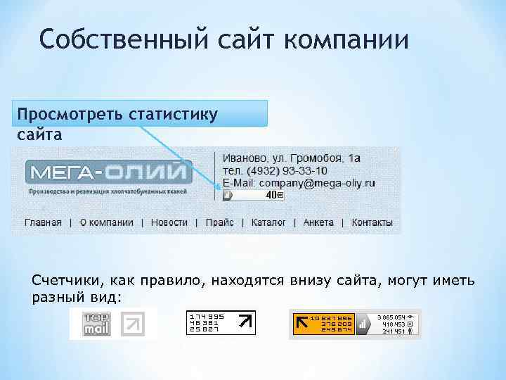Собственный сайт компании Просмотреть статистику сайта Счетчики, как правило, находятся внизу сайта, могут иметь